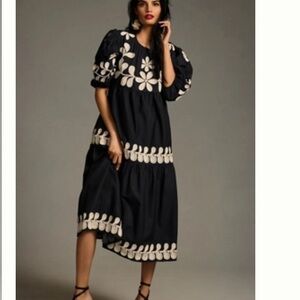 Anthropologie Black Midi Dress with Cream Floral Embroidery